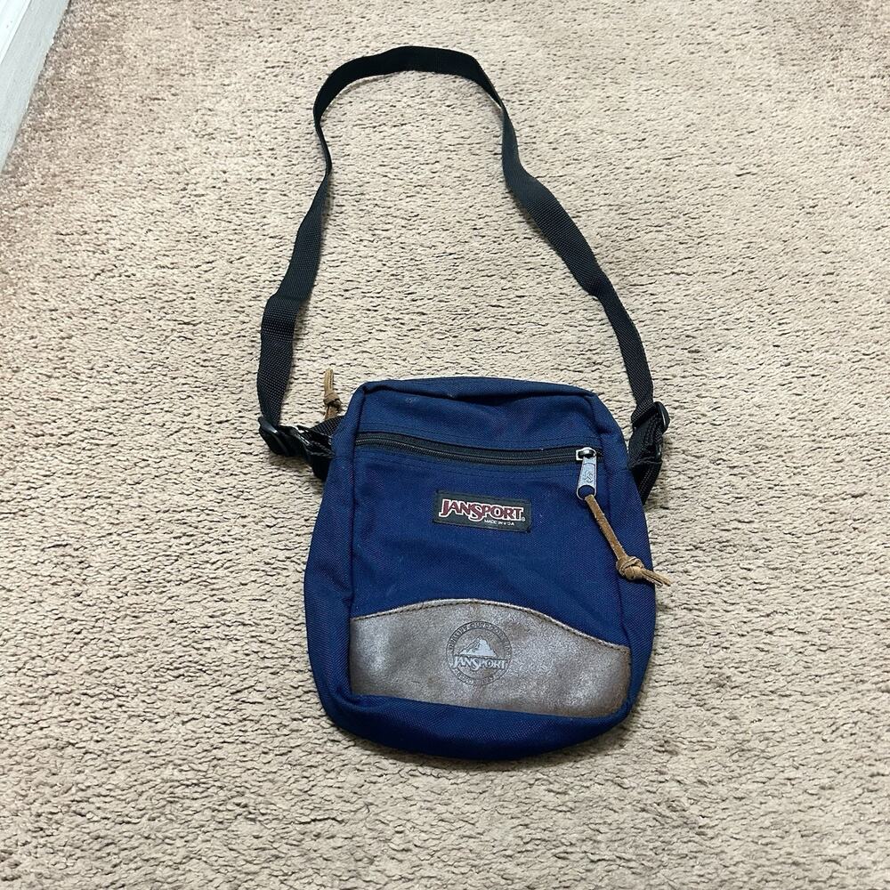 Jansport Vintage 90s Crossbody Bag Leather Nylon Blue Small Hiking